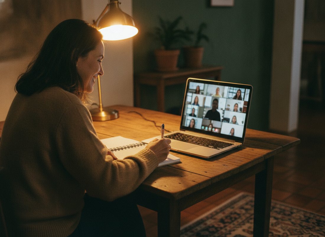 Mulher em casa assistindo a um encontro ao vivo pelo notebook e fazendo anotações